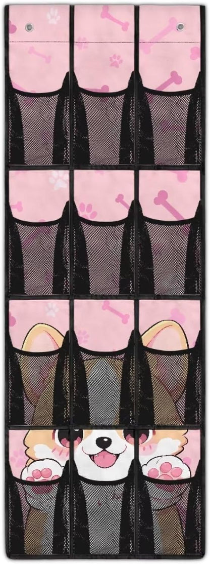 Door Hanging Shoe Organizer Mesh Fabric Pink Over The Door Shoe Organizer for Closet 12 Pockets Cute Corgi Wall Hanging Storage Space Saving Shoe Holder Hanger