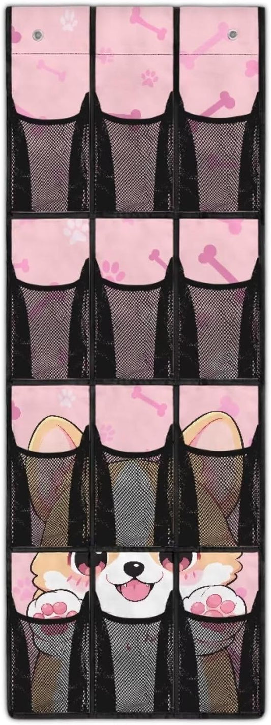 Door Hanging Shoe Organizer Mesh Fabric Pink Over The Door Shoe Organizer for Closet 12 Pockets Cute Corgi Wall Hanging Storage Space Saving Shoe Holder Hanger