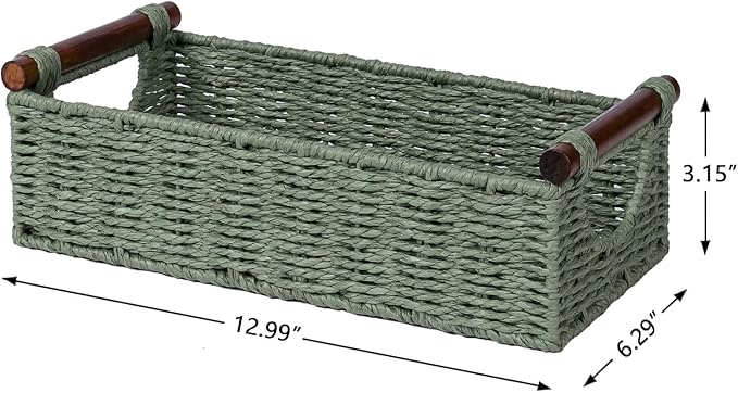 CubesLand Small Wicker Toilet Basket Tray Organizer W/Cut Out Handle, Handwoven Slim Decorative Basket for Countertop, Shelves And for Rustic Home Decor, Living Room, Nursery Organization, Green