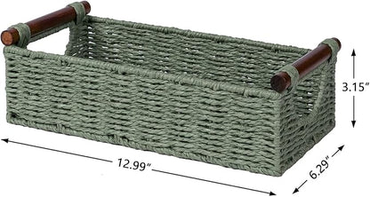 CubesLand Small Wicker Toilet Basket Tray Organizer W/Cut Out Handle, Handwoven Slim Decorative Basket for Countertop, Shelves And for Rustic Home Decor, Living Room, Nursery Organization, Green