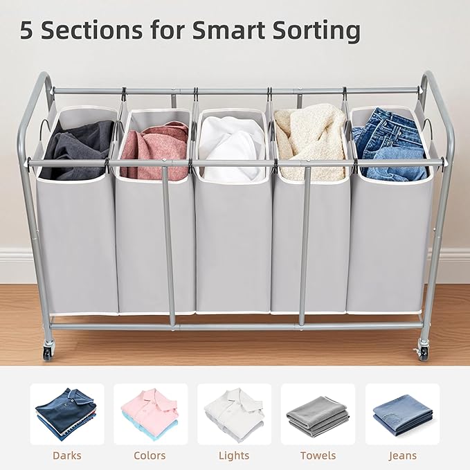 STORAGE MANIAC 5 Section Laundry Sorter, 5 Bins Rolling Separator Laundry Basket, Dirty Clothes Hamper Divider with Heavy Duty Rolling Lockable Wheels, Large Clothes Organizer Cart, Gray
