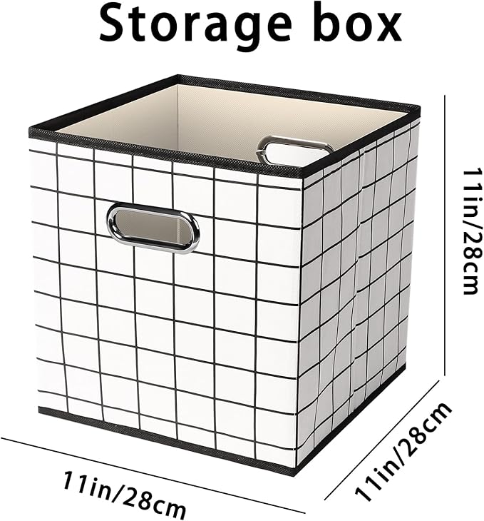 Fabric Cloth Storage Bins,Fabric Cube Organizer with Dual Handles Foldable Cube Storage Baskets for Home Bedroom Storage,Set of 6,(White grid)