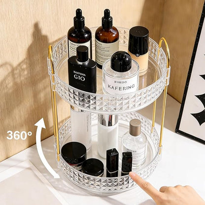 Fangoo 2 Tiers Clear Rotating Makeup Organizer for Vanity, 360 Spinning Skincare Organizers for Dresser Perfume Organizer Large Skincare Make up Storage Cosmetic Organizer for Bathroom Countertop