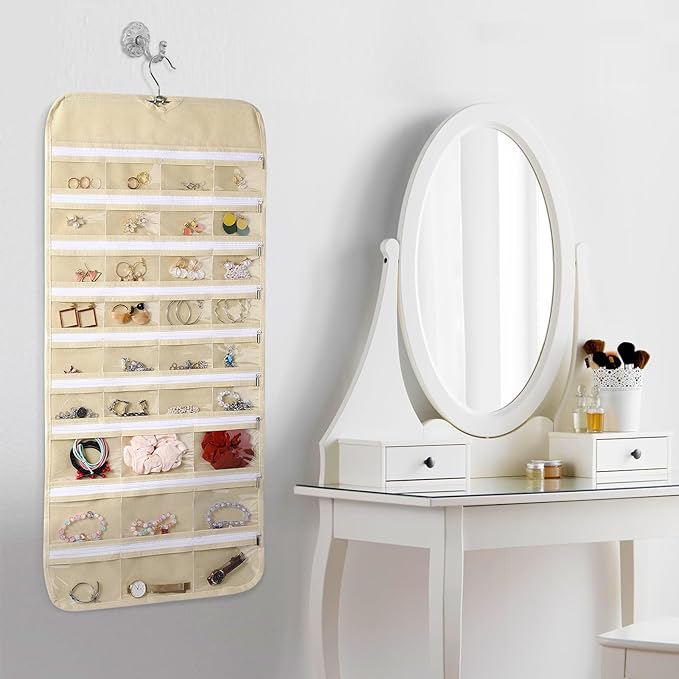Cabilock Hanging Jewelry Organizer - Jewelry Travel Organizer, Hanging Jewelry Organizer Revolving Hanger - Double-Sided 66 Pocket for Girls Women Travel Jewlery