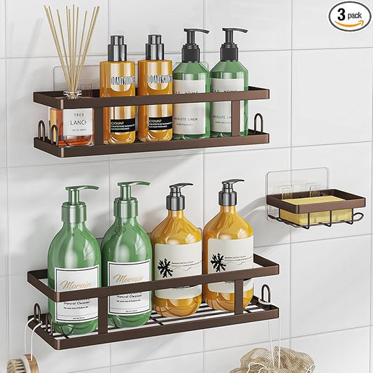 Youvip Adhesive Shower Caddy,Shower Shelves with Soap Holder and 12 Hooks,Rustproof No Drilling Bathroom Organizer and Storage,Bronze,3 Pack