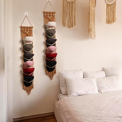 Ball Cap Hanger-1 Pack-Boho Macrame Cap Holder Wall Hat Organizer for Baseball Cap Holder Over Door, Hat Rack for Wall, Cap Rack for Decoration and Display(Brown)