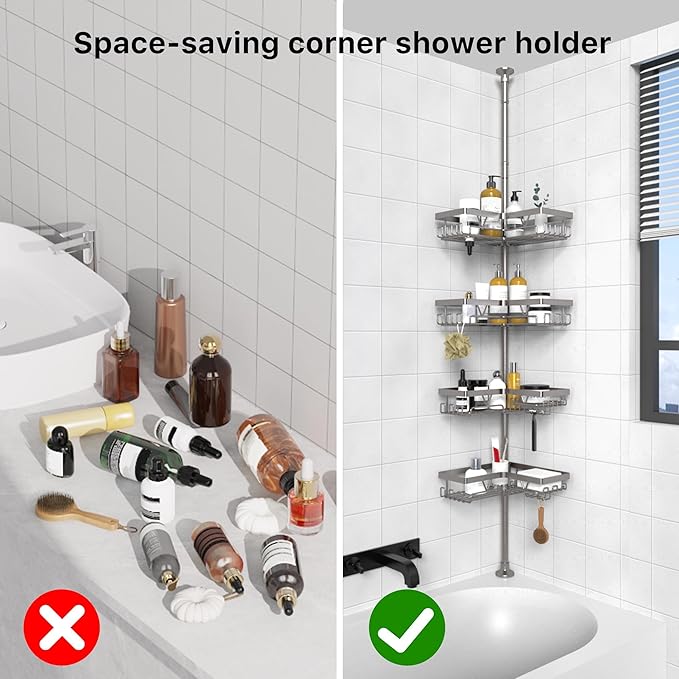 KEGII Corner Shower Caddy Tension Pole with Soap Dish & Razor Holder, Adjustable Bathroom Organizer with Hooks, 25-114.2 Inch Rustproof Storage Shelf for Renters & Apartments, Gunmetal Gray