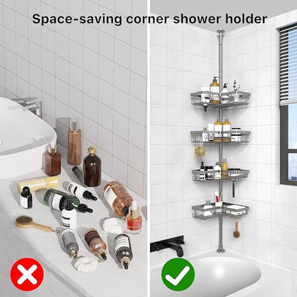 KEGII Corner Shower Caddy Tension Pole with Soap Dish & Razor Holder, Adjustable Bathroom Organizer with Hooks, 25-114.2 Inch Rustproof Storage Shelf for Renters & Apartments, Gunmetal Gray