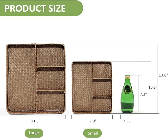 Wicker Baskets 4-Section Tea Bag/Sugar Packet Holder,Seagrass Woven Compartment Organizer,Storage Rattan Divided Basket,Office-Desk Baskets for Shelves,Pantry,Coffee Organizer,Countertops-Brown