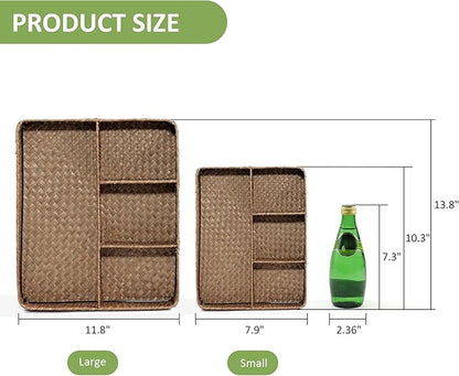 Wicker Baskets 4-Section Tea Bag/Sugar Packet Holder,Seagrass Woven Compartment Organizer,Storage Rattan Divided Basket,Office-Desk Baskets for Shelves,Pantry,Coffee Organizer,Countertops-Brown
