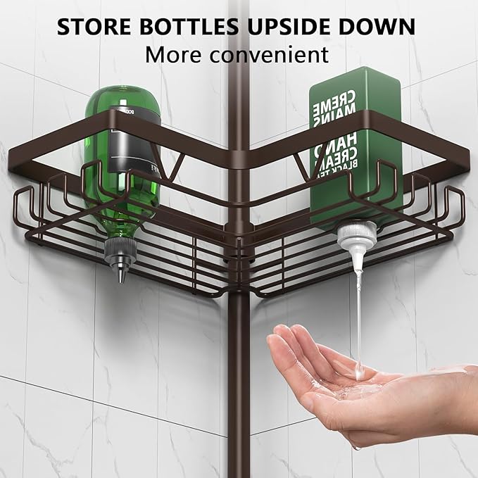 DAOYA Corner Shower Caddy Tension Pole - Adjustable 4-Tier Shower Shelf Stainless Steel Corner Tension Rod Bathroom Organizer Shampoo Holder with Soap Holders & Hooks for Bath, Tub, Floor Space Saving