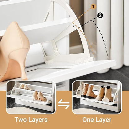 SoBuy Shoe Storage Cabinet Entryway, Slim Shoe Rack Freestanding, Narrow Shoe Organizer 2 Flip-Drawers Shoe Cupboard for Mudroom Front Door Entrance Hallway Bedroom, White, FSR137-W