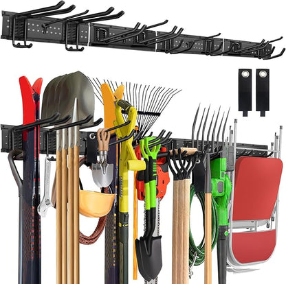64-Inch Garage Storage Tool Organizer Wall Mount, Heavy Duty Garage Organization Metal Rack with 12 Hooks, Garden Tool Hanger Holder for Broom, Shovels, Ladders, Lawn Tools