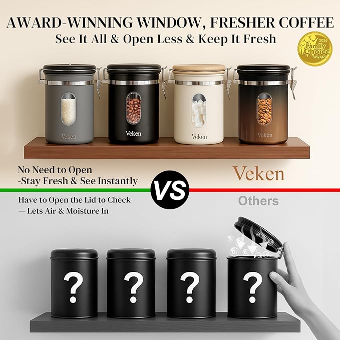 Veken Coffee Canister with Window,Airtight Stainless Steel Kitchen Food Storage Container, Date Tracker & Scoop for Grounds Coffee, Beans, Tea,Flour,Cereal,Sugar,22OZ,Copper