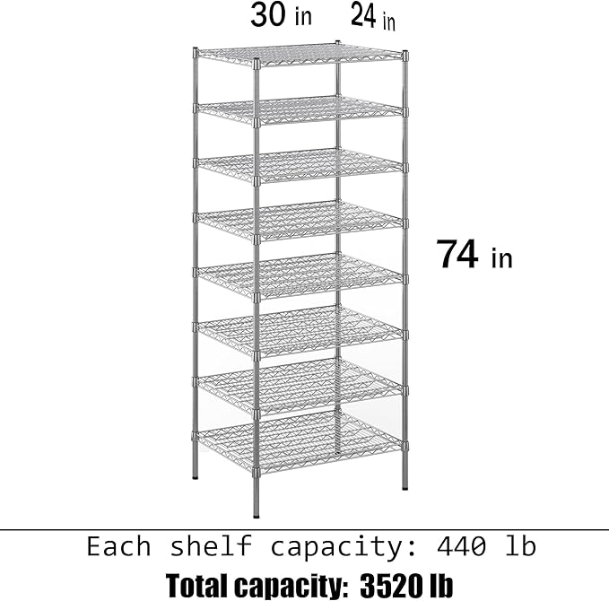 24" Deep x 30" Wide x 74" Height Wire Shelving Kit | 8-Tier | NSF Commercial Storage Rack Unit