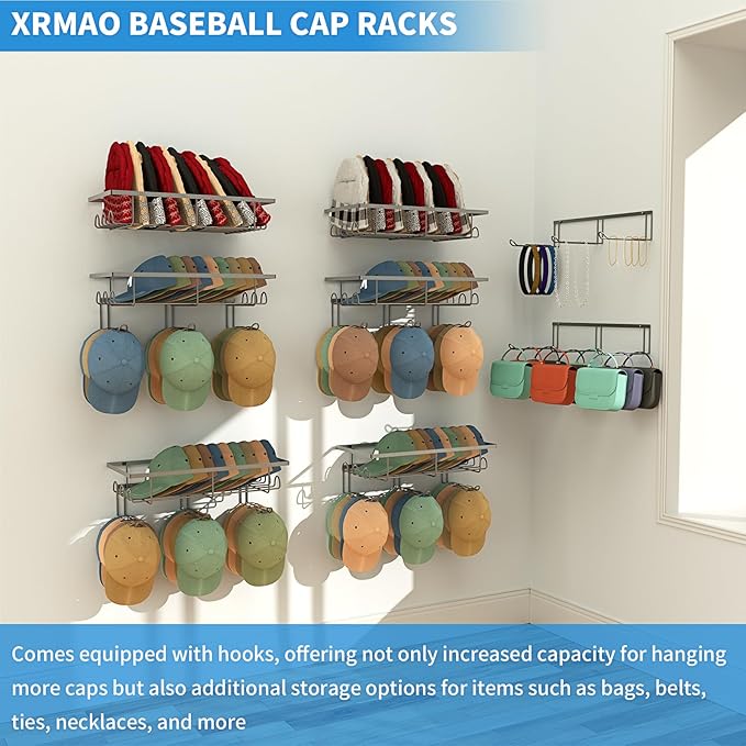 2 Packs Wall Hat Organizers with Multiple Hooks, Metal Hat Racks for Baseball Caps, Hat Storage Holders Up to 72 Caps for Closet, Entryway,Black