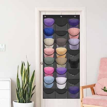 BiCINE Hat Rack for Baseball Caps, 24 Pocket Over the Door Hat Organizer with 3 Hooks, Hat Holder for Door with Large Clear Pockets, Hat Storage to Protect and Display, Black - 1 Pack