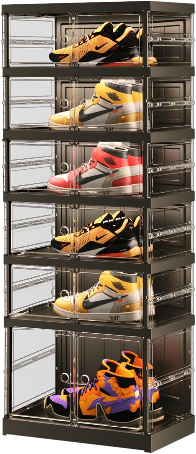 EHAMILY 6-Tier Collapsible Shoe Storage Rack - Large Plastic Shoe Organizer with Doors, Quick Assembly, Black