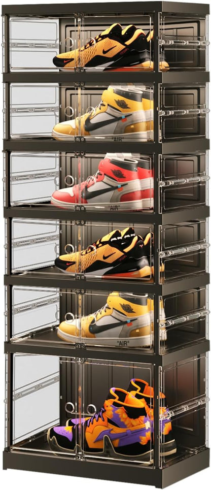 EHAMILY 6-Tier Collapsible Shoe Storage Rack - Large Plastic Shoe Organizer with Doors, Quick Assembly, Black