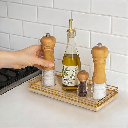 Bathroom Vanity Tray for Countertop, 12" x 6" Oak Wood Toilet Tank Tray with Metal Guardrail, Bathroom Organizer for Soap, Perfume & Skincare, Non-Slip Decorative Tray for Dresser, Gold & Natural Oak