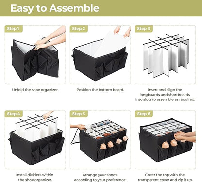 Shoe Organizer for Closet, Fits up to 24 Pairs, Fabric Shoe Box Storage Containers with Adjustable Dividers and Clear Cover, Black, 1 Pack