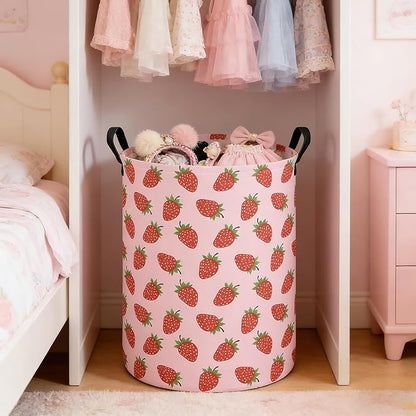 Round Foldable Girls' Storage Basket Kids Laundry Hamper Pink Gift Basket Suitable For Home Decoration Office and Toy Storage(Strawberry)
