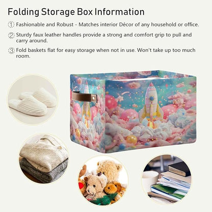 Large Storage Basket Rocket Pink Storage Bin Cube Canvas Fabric Organizer Handles Collapsible for Clothes Toys Bedroom Decorative