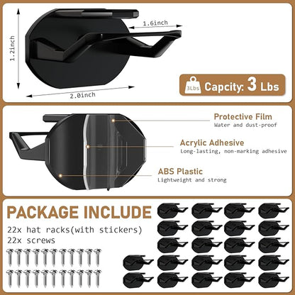 Niunuerga 22 Pack Adhesive Hat Hooks for Wall, Super Strong Hat Rack for Baseball Caps, Hat Organizer Display for Home Decor, Hat Hangers Holder for Wall, Door, Closet, No Drilling (Black)