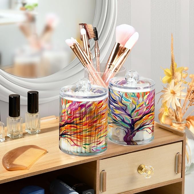 2 Pack Qtip Holder Dispenser for Cotton Ball Rainbow Life Of Tree Plant Swab Round Pads Clear Plastic Acrylic Jar Set Bathroom Canister