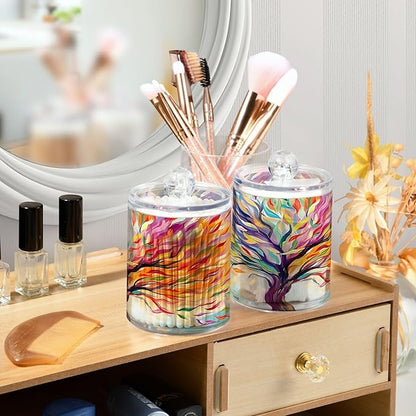 2 Pack Qtip Holder Dispenser for Cotton Ball Rainbow Life Of Tree Plant Swab Round Pads Clear Plastic Acrylic Jar Set Bathroom Canister