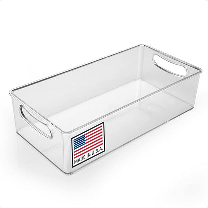 Pikanty Clear Refrigerator Organizer Bin with Handles — 11 Inch Compact Stackable Fridge and Pantry Storage Container for Snacks, Yogurt, Condiments, Dishwasher Safe, Made in USA