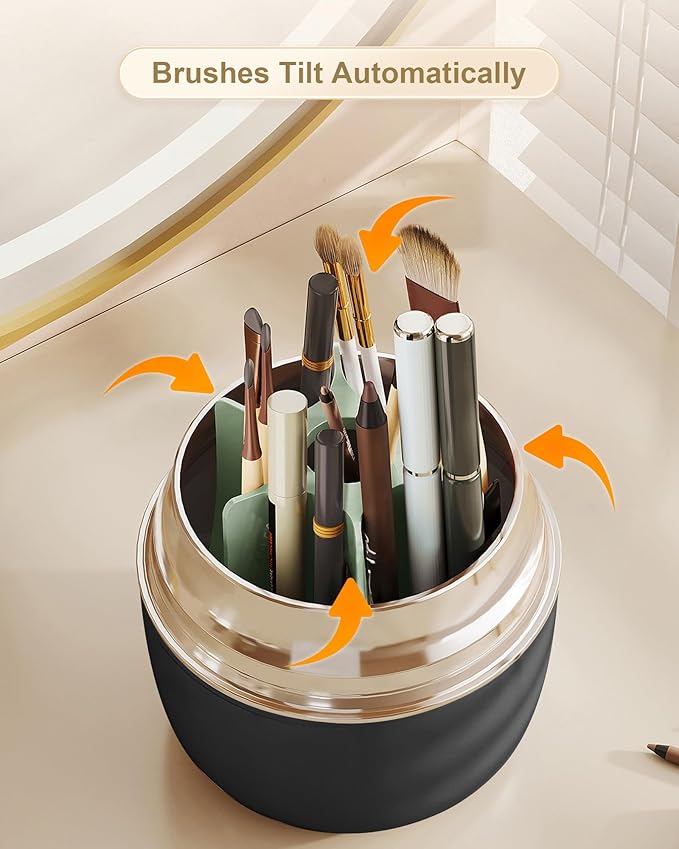 Anylady Makeup Brush Holder 360 Rotating, [Upgrade & with Cover] Makeup Brush Organizer for Vanity Countertop Bathroom (Black)