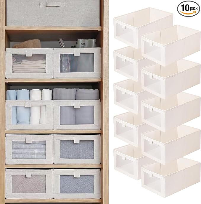 Linen Closet Organizers And Storage, 10 Pack Closet Storage Bins Linen Closet Baskets for Closet Organization Foldable Closet Organizer Bins with Clear Window For Organizing Clothing, Shelves, Jeans