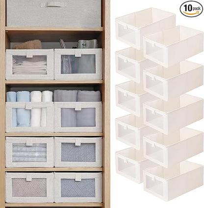 Linen Closet Organizers And Storage, 10 Pack Closet Storage Bins Linen Closet Baskets for Closet Organization Foldable Closet Organizer Bins with Clear Window For Organizing Clothing, Shelves, Jeans