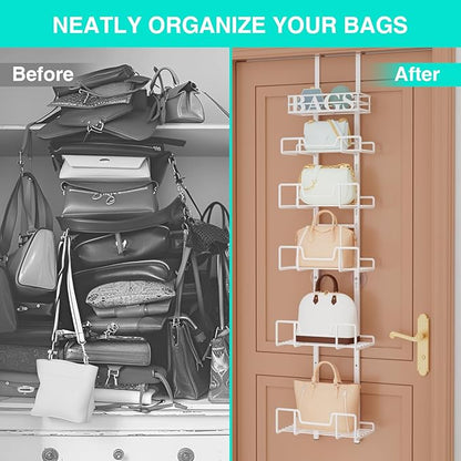 HapiRm Over Door Purse Organizer - Adjustable Purse Storage Rack with Bags Design Metal Basket, Wall Mounted Handbag Organizer, Hanging Handbag Holder, Can Use As 1/2 Part Detachable, White
