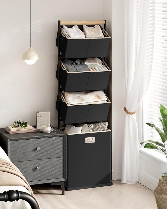 SOLEDI 4 Section Laundry Hamper Sorter, Stackable Laundry Basket Organizer with Removable Basket, 125L 4-Tier Vertical Laundry Sorter for Small Space, Laundry Room, Dorm, Bathroom, Wardrobe Black