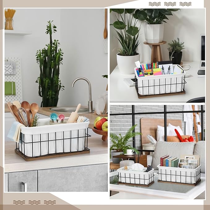4 Pack Metal Basket with Liner Wooden Bottom Bathroom Baskets Organizer Multiple Sizes Wire Storage Rustic Farmhouse Decor for Home Kitchen Toilet Cabinets Pantry Laundry Room