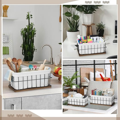 4 Pack Metal Basket with Liner Wooden Bottom Bathroom Baskets Organizer Multiple Sizes Wire Storage Rustic Farmhouse Decor for Home Kitchen Toilet Cabinets Pantry Laundry Room