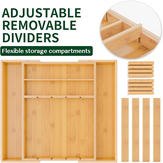 Dunruz Bamboo Expandable Drawer Organizer for Kitchen Utensils, Adjustable Silverware Tray with 9 Deep Slots for Large Spoons & Knives, Natural Wood Flatware Caddy for Cutlery Storage (Fits 13"-20")