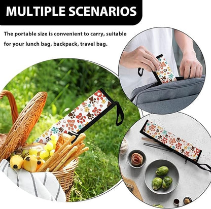 Cute Paw Reusable Flatware Sets Knife, Fork, Spoon, Chopsticks, Portable Travel Stainless Steel Tableware Dinnerware with Carrying Handle 11.8 Inch Camping Organizer