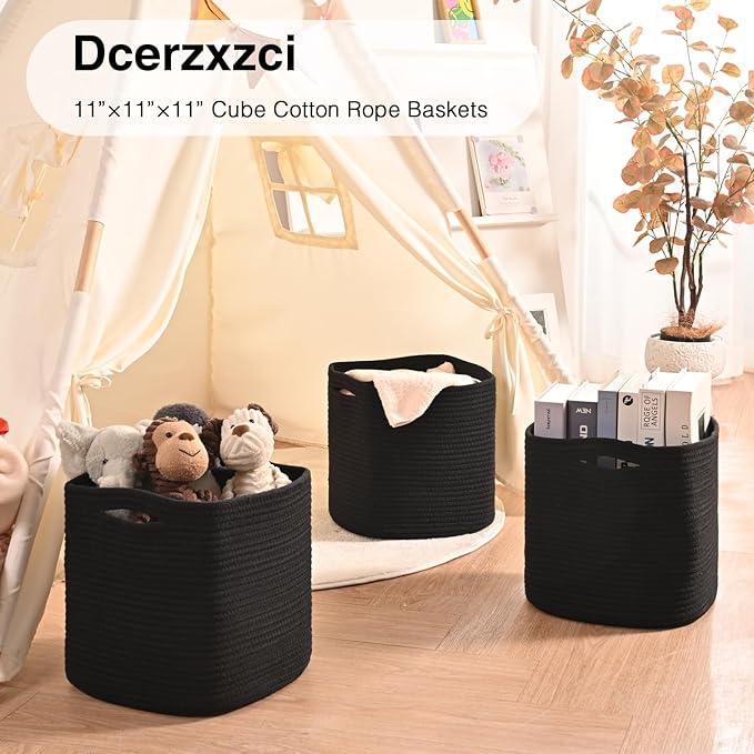 11 Inch Cube Storage Bins, 11x11 Cube Storage Bins for Cube Organizer, Square Cloth Storage Cubes, Black Woven Storage Baskets for Shelves, Toy Baskets Storage Kids, Black (Pack of 3)