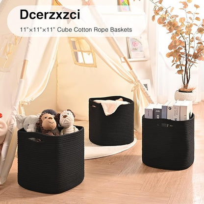 11 Inch Cube Storage Bins, 11x11 Cube Storage Bins for Cube Organizer, Square Cloth Storage Cubes, Black Woven Storage Baskets for Shelves, Toy Baskets Storage Kids, Black (Pack of 3)