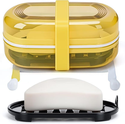 Leakproof Travel Soap Case with Lid | Draining Soap Bar Holder & Dish with Silicone Strap | Includes Mesh Soap Bag | for Shower, Bathroom, Camping, Gym (Lemon Yellow)