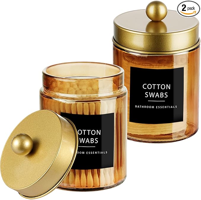 Amolliar Bronze Glass Apothecary Jar With Metal Lid & Stickers, Bathroom Qtip Dispenser Storage Canister, Perfect for Cotton Balls, Cotton Swabs, Makeup Pads, Bath Salt, Floss, 2 Pack(Gold)