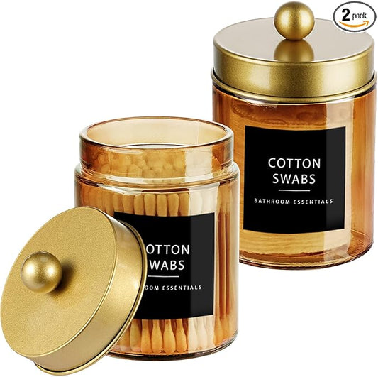 Amolliar Bronze Glass Apothecary Jar With Metal Lid & Stickers, Bathroom Qtip Dispenser Storage Canister, Perfect for Cotton Balls, Cotton Swabs, Makeup Pads, Bath Salt, Floss, 2 Pack(Gold)