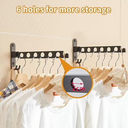 JOOM Retractable Folding Wall Hanger Folding Clothes Hanger Rack Clothes Storage Organizer Laundry Hanger Sturdy Hanging Dryer Rack Clothes Hooks of Metal（Matte Black，Two Pack）