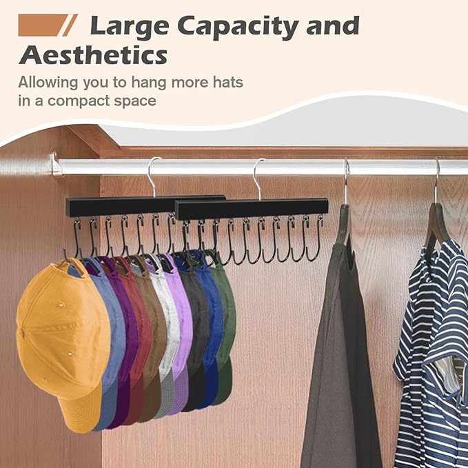 2 Pack Hat Organizer for Baseball Caps, 360 Degree Rotating Hat Storage for Baseball Caps Organizer with 10 Stainless Steel Hooks, Wooden Hanging Closet Organizer