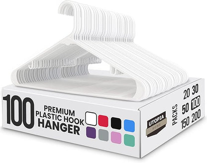 Utopia Home Plastic Hangers 100 Pack - Space Saving Clothes Hanger - Durable & Strong Closet Organizers and Storage with Built-in Strap Hooks - Essential for Shirts, Pants, Skirts & Coats (White)