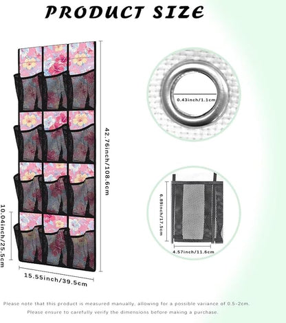 Space Saving Hanging Shoe Organizer,Entryway Bedroom Bathroom Storage Bags with 12 Mesh Large Pockets Waterproof Reusable,Tropical Flower Pink
