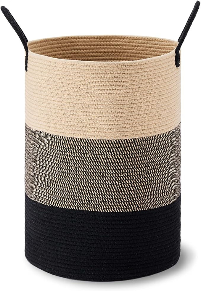 VIPOSCO Large Laundry Hamper, Tall Woven Rope Storage Basket for Blanket, Toys, Dirty Clothes in Living Room, Bathroom, Bedroom - 58L Brown & Black